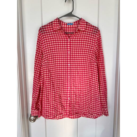 J. McLaughlin Women's Gingham Lois Crinkle Button-Up Shirt Top Pink Size Medium - Picture 1 of 10